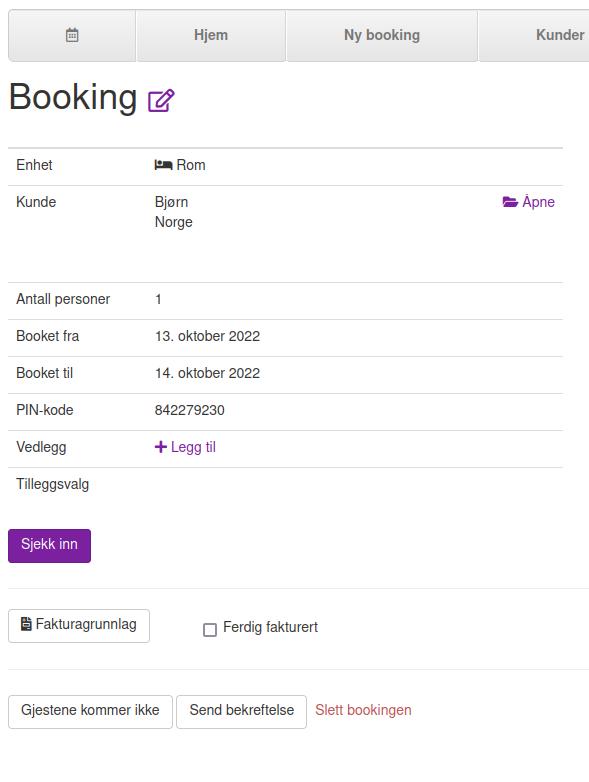Booking med PIN-kode ferdig generert